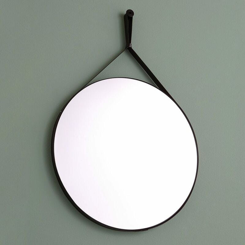 foto del prodotto kiamami valentina specchio bagno design rotondo e cornice con laccio in pelle nera