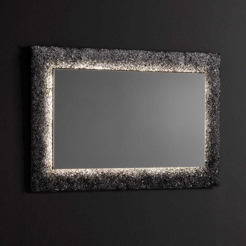 foto del prodotto kiamami valentina specchio con cornice nera in vetrofuso con graniglia retroilluminato led 90x62