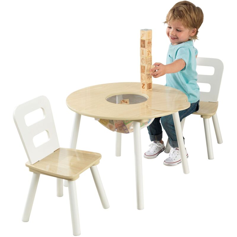 foto del prodotto kidkraft set tavolo rotondo bianco con 2 sedie in legno per bambini, tavolino con tascha portaoggetti, mobili per cameretta e sala giochi per