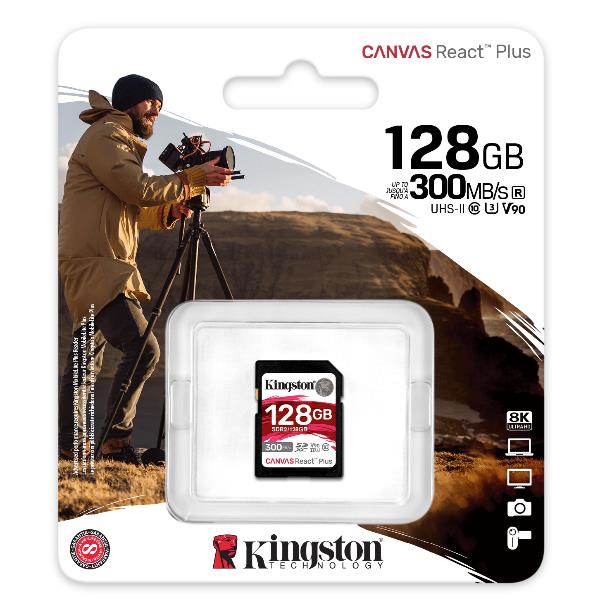 foto del prodotto kingston technology 128gb canvas react plus sdxc uhs ii 300r 260w u3 v90 for full hd 4k 8k
