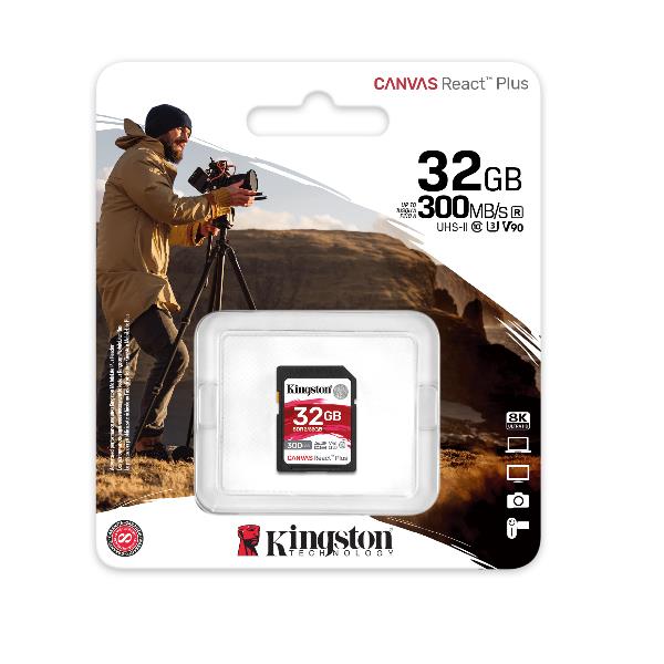 foto del prodotto kingston technology 32gb canvas react plus sdhc uhs ii 300r 260w u3 v90 for full hd 4k 8k