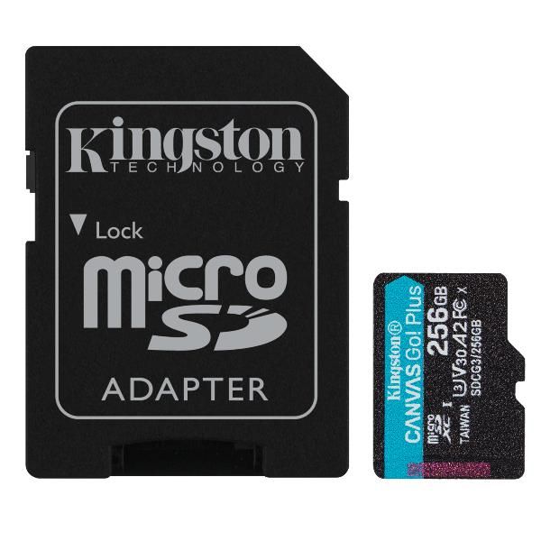 foto del prodotto kingston technology canvas go plus scheda microsdxc canvas go plus 170r a2 u3 v30 da 256gb adattatore