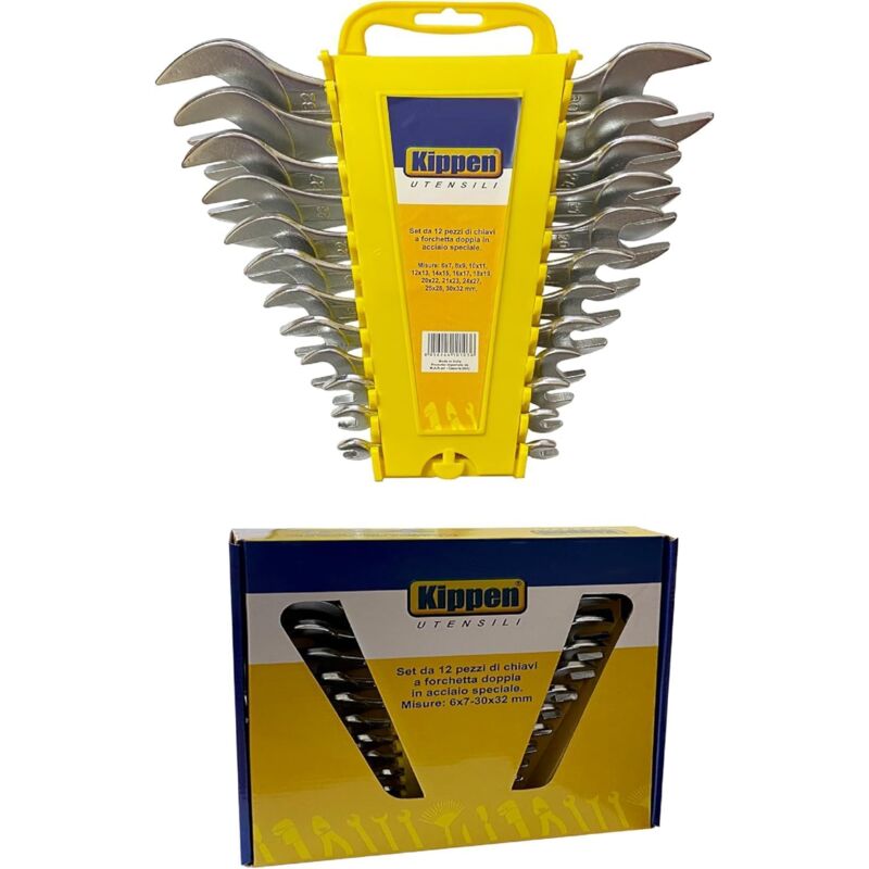 foto del prodotto kippen 1046k set da 12 pezzi di chiavi a forchetta doppia in acciaio speciale. misure 6x7 30x32 mm.