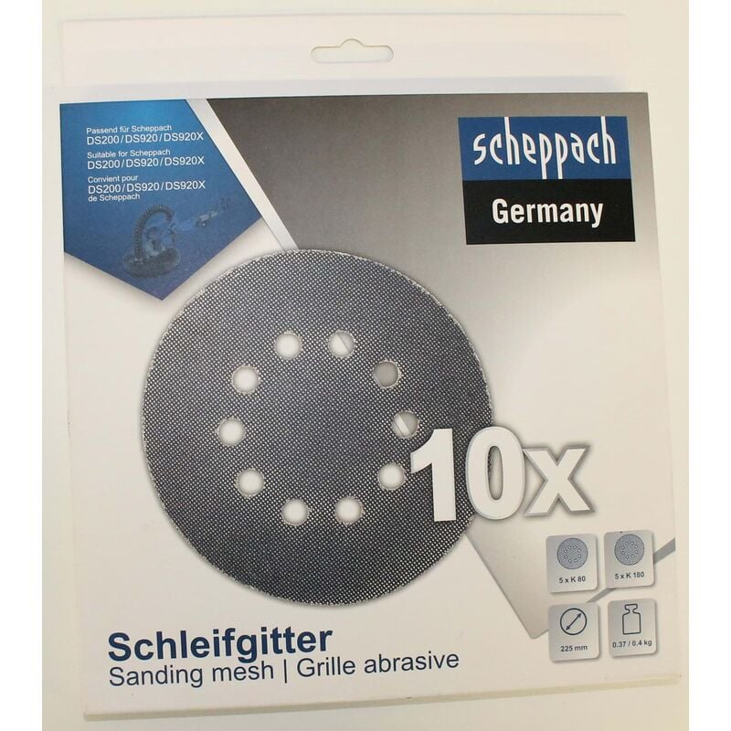 foto del prodotto kit 10 dischi abrasivi in rete 225mm 80 180 gr per levigatrici da muro scheppach