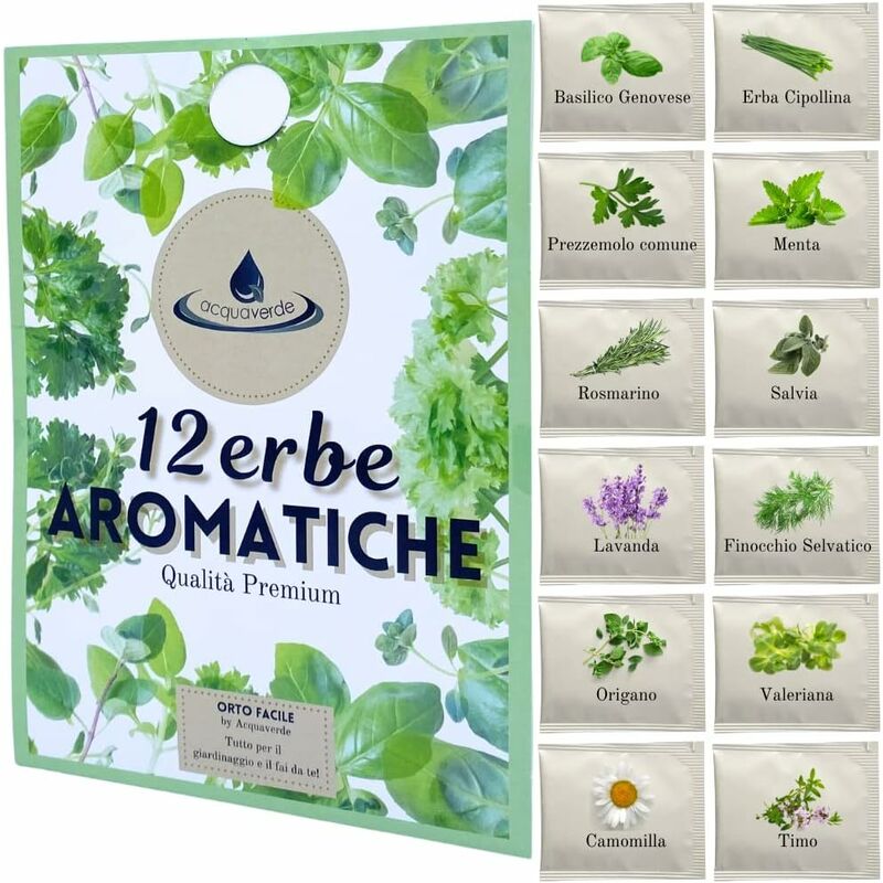 foto del prodotto kit 12 erbe aromatiche officinali, semi di basilico, erba cipollina, prezzemolo, menta, rosmarino, salvia, lavanda, finocchio, origano, valeriana,