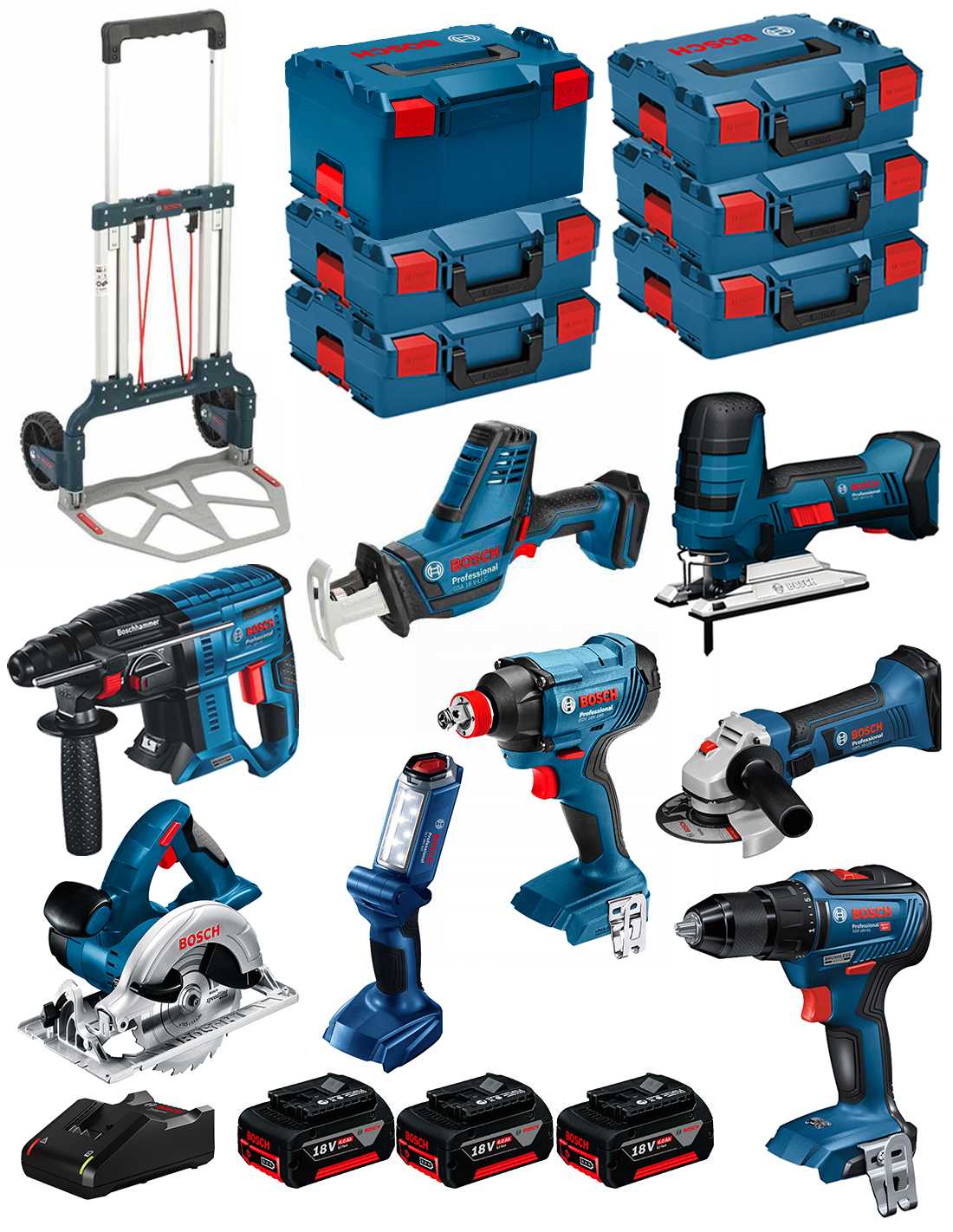 foto del prodotto kit 18v bk801 gst18v lis gks18v li gbh18v 21 gws18 125v li gsr18v 55 gsa18v lic gdx18v 180 gli18v 300 3x4,0ah gal18v 40 bosch