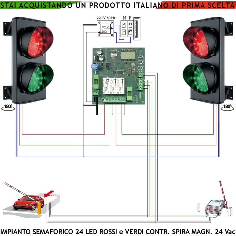 foto del prodotto kit 2 semafori orientabili condominio 24 led rossi e 24 verdi lente 124 mm alim. 24 vac 3 w ip65 tempi regolabili da 8 a 120 2 sensori masse