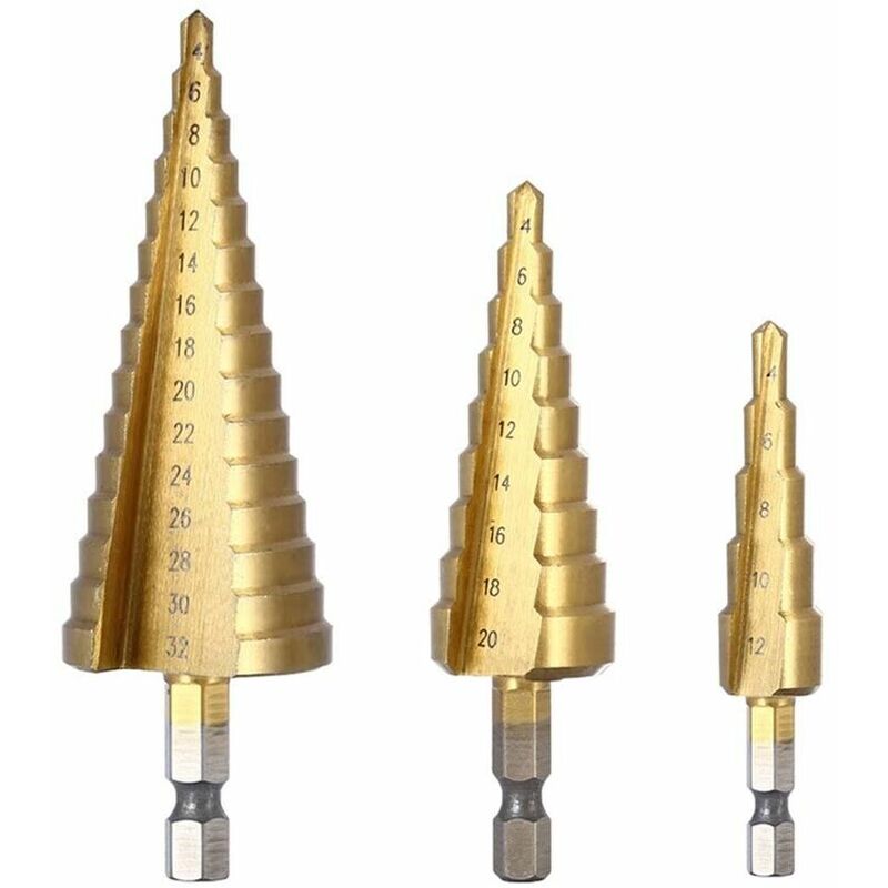 foto del prodotto kit 3 frese coniche gradini da 4 a 32 mm fresa conica a scalini hss x foro legno