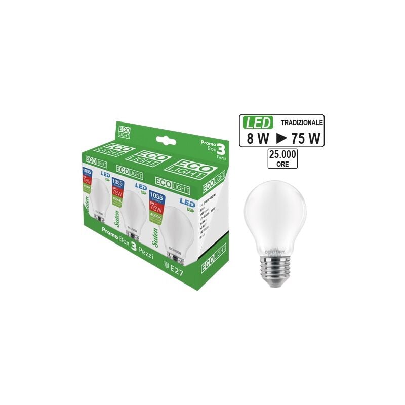foto del prodotto kit 3 lampadine a led globo e27 ecolight 8w