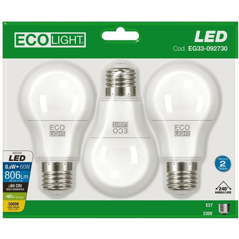 foto del prodotto kit 3 lampadine a led goccia e27 ecolight 17w 3000k calda