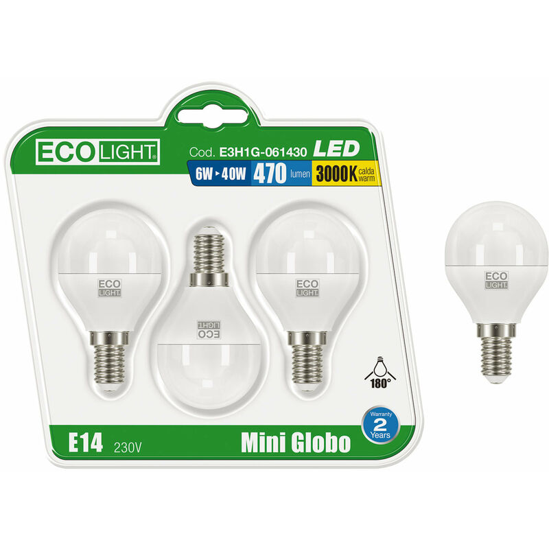 foto del prodotto kit 3 lampadine a led miniglobo e14 ecolight 6w 6400k fredda
