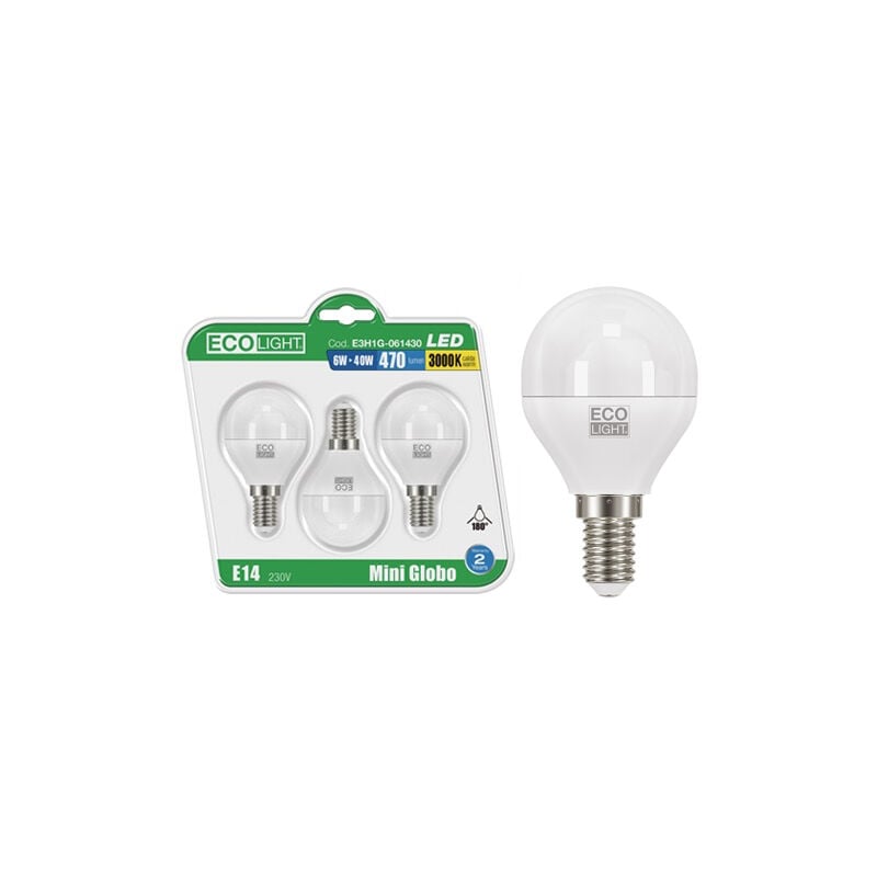foto del prodotto kit 3 lampadine a led miniglobo e14 ecolight 6w 6400k fredda