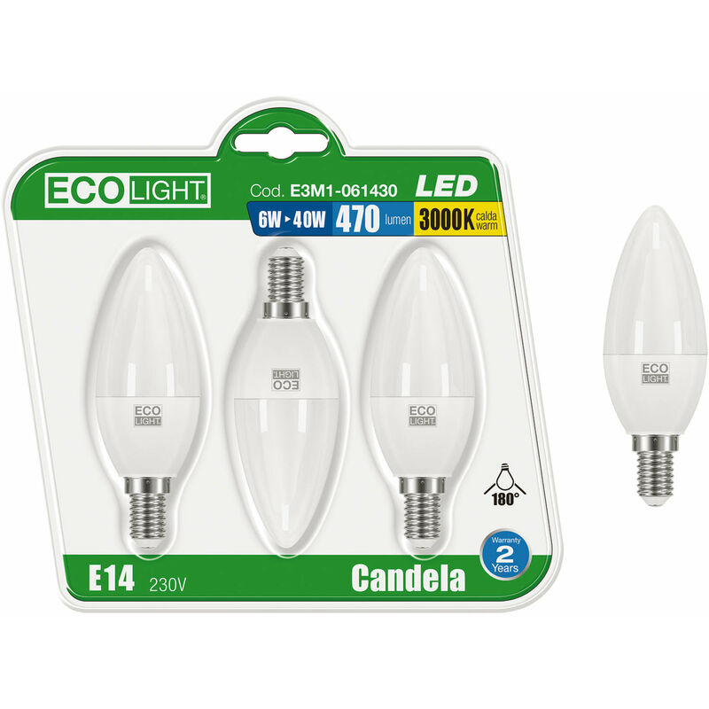 foto del prodotto kit 3 lampadine a led oliva e14 ecolight 6w 3000k calda