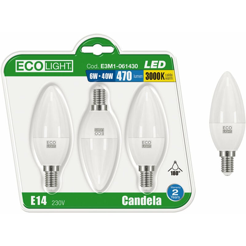 foto del prodotto kit 3 lampadine a led oliva e14 ecolight 6w 6400k fredda