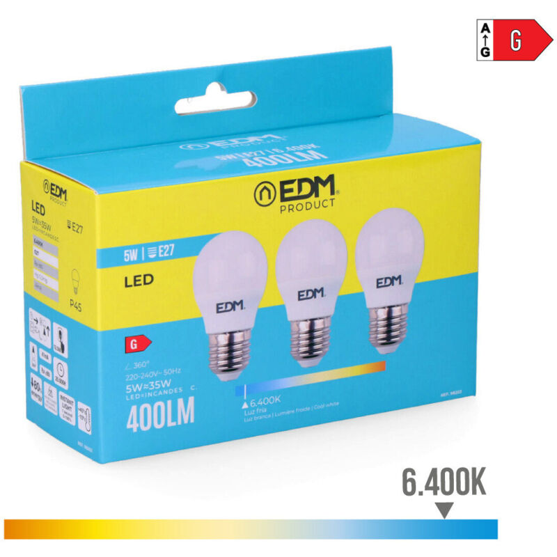 foto del prodotto kit 3 lampadine a led sferiche e2727 5w 400 400lm 64 6400kfralatn luce fredda