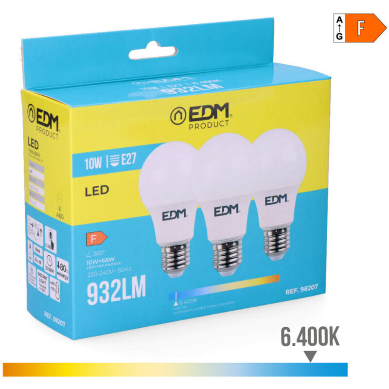 foto del prodotto kit 3 lampadine led e27 9 10w 9 932lm 64 6400kfralatn luce freddafralatn edm