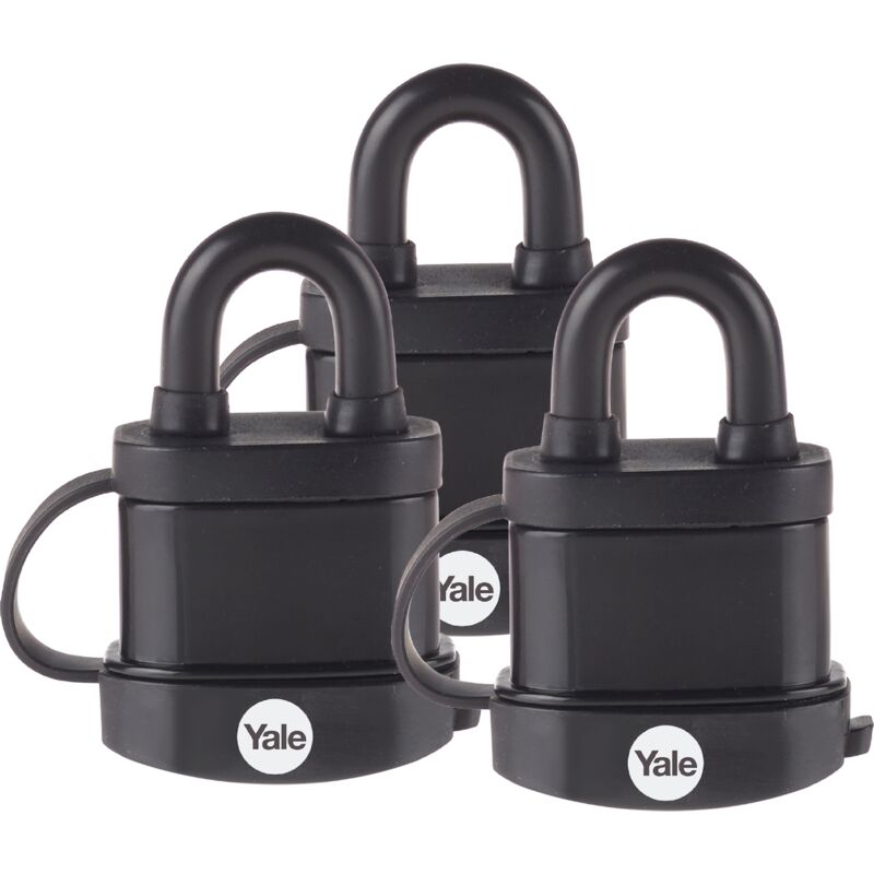 foto del prodotto kit 3 pezzi lucchetto di alta sicurezza resistente agli agenti atmosferici y220b 51 118 3 corpo 50mm, arco in acciaio indurito, 3 chiavi - yale