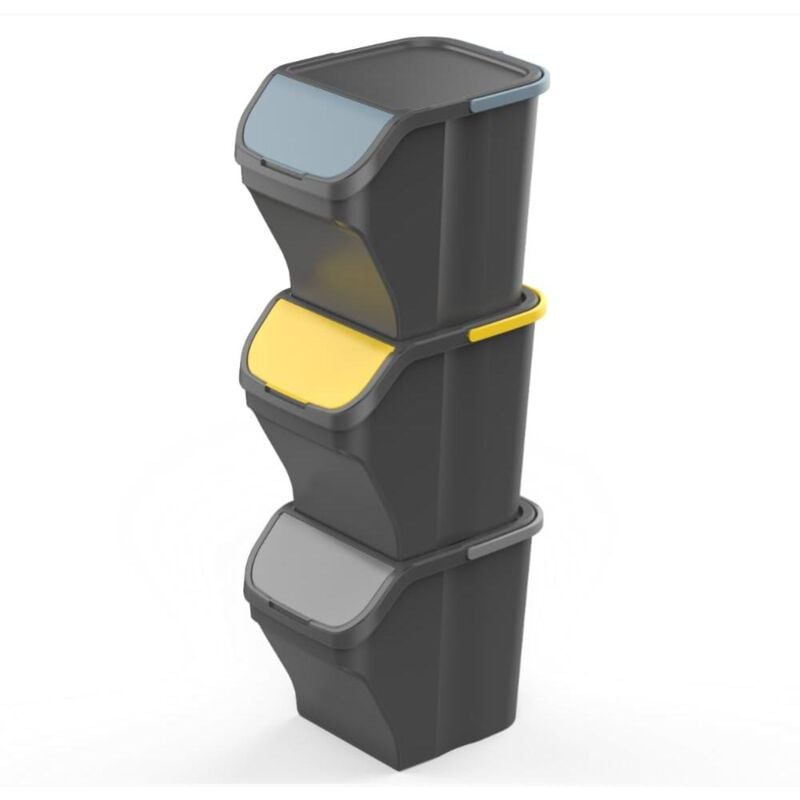 foto del prodotto kit 3 pezzi tris pattumiera raccolta differenziata 3x25 litri con maniglia corpo nero kit 3 pezzi corpo nero