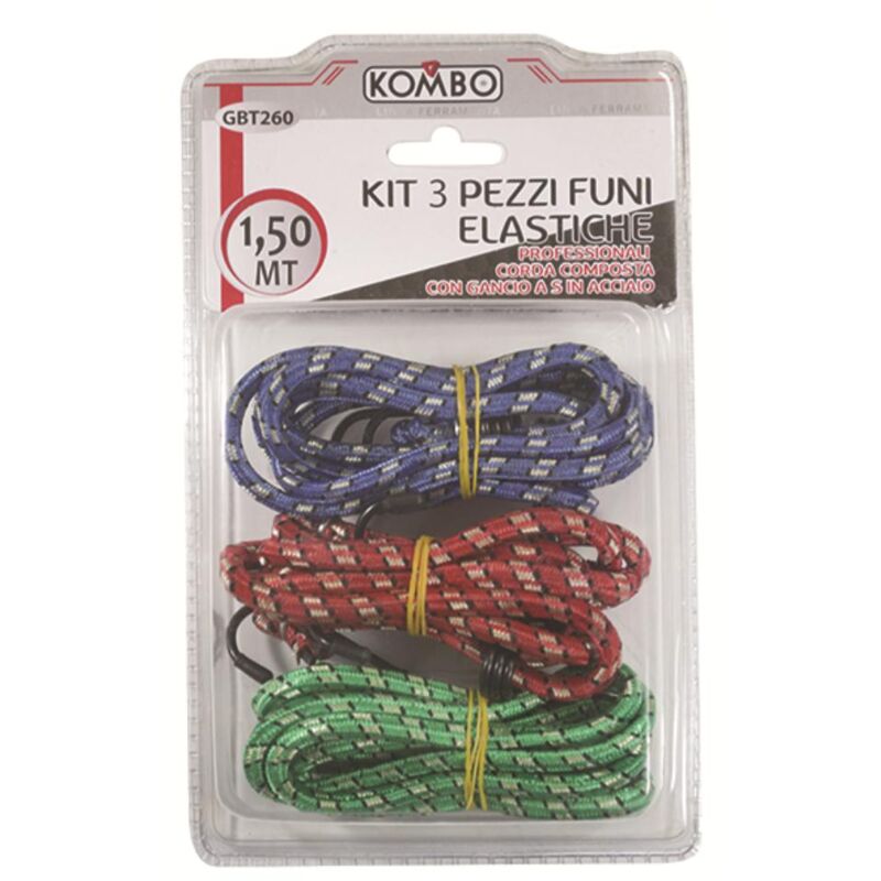 foto del prodotto kit 3 pz funi elastiche diam 8mm l 1,50mt colori assortiti doppio gancio