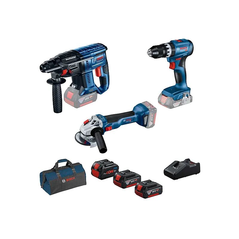 foto del prodotto kit 3 utensili brushless bosch 18v con 2 batterie 5ah batteria 5.5ah e borsa