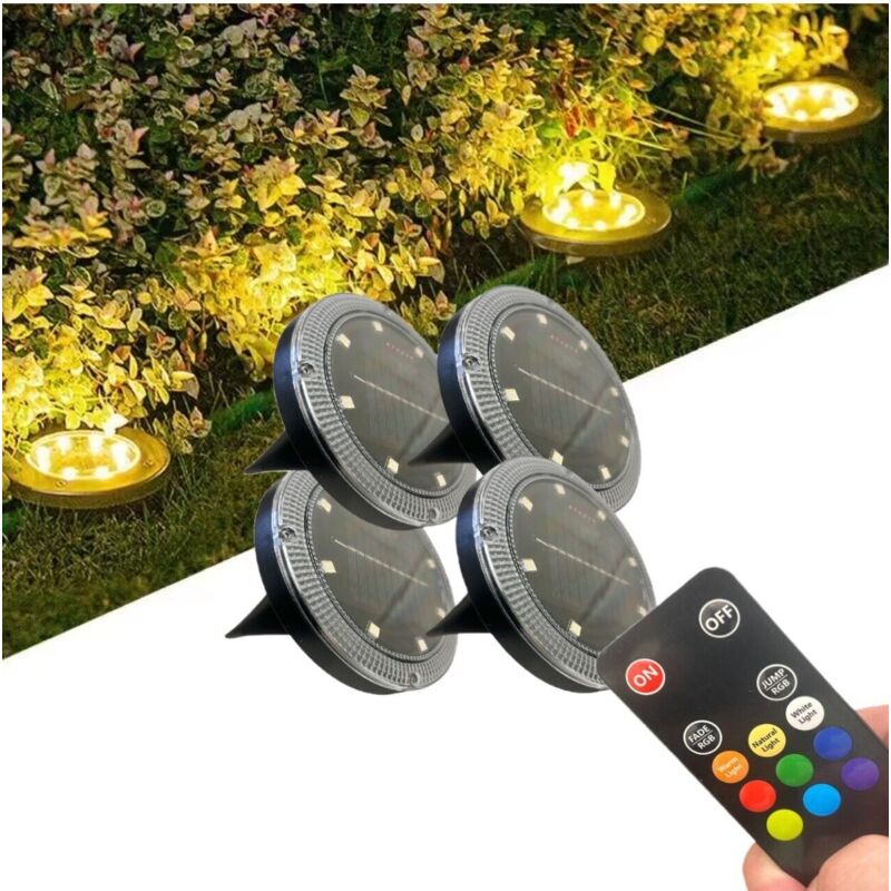 immagine 0 del prodotto kit 4 faretti a led con picchetto ricarica solare luce rgb bianca telecomando