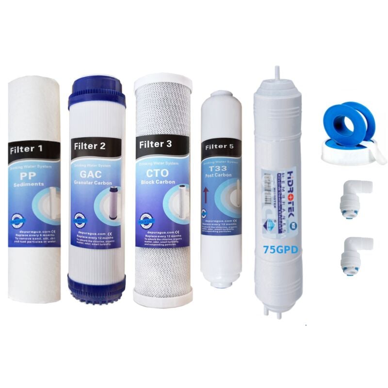 foto del prodotto kit 4 filtri e membrana 75 gpd in linea ad osmosi inversa