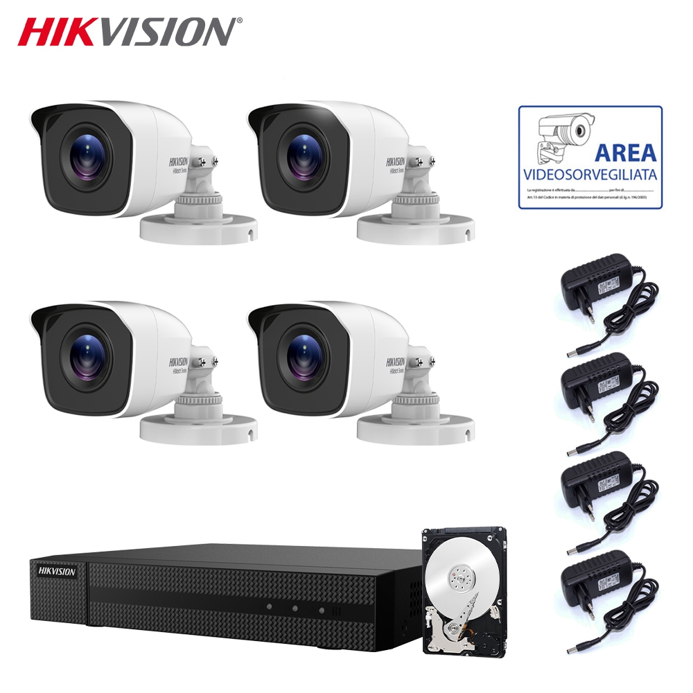 foto del prodotto kit 4 telecamere hikvision dvr 4 canali 4 mpx hd 500 gb