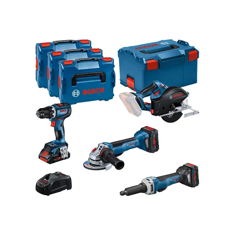 foto del prodotto kit 4 utensili gsr gws gkm ggs bosch con 1 x procore 18v 4.0ah 2 x procore 18v 5.5ah caricabatterie l boxx 0615990n3a