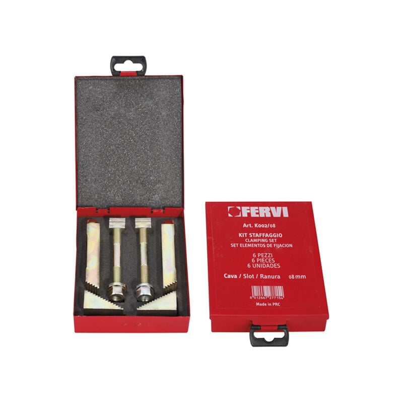 foto del prodotto kit 6 pz staffe staffaggio cava 8 mm bloccaggio pezzi fresa fervi k002 08