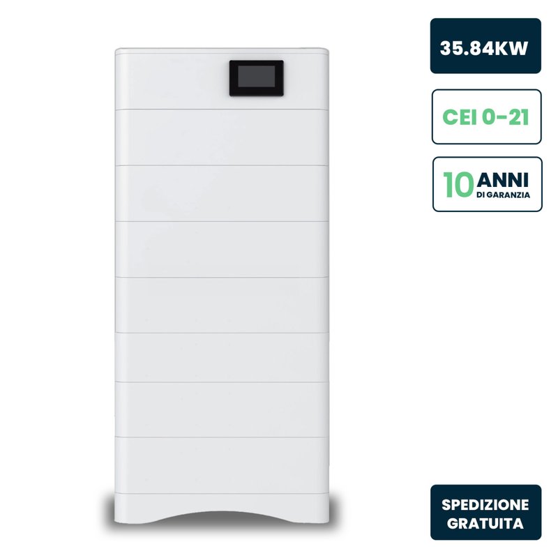 foto del prodotto kit 7 moduli di accumulo impilabili alta tensione 35kwh lifepo4 bms integrato, inclusa base e box di controllo, 100ah, 358.4v, ip65, cei 0-21 garanzia 10 anni sku-120027