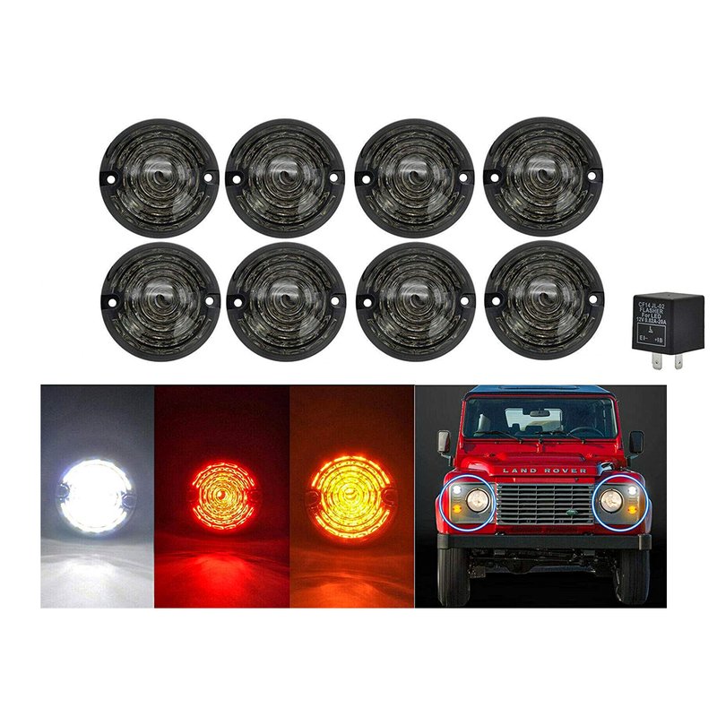 foto del prodotto kit 8 fanali led anteriore posteriori laterali lente nero fume per land rover defender 1983 2016 compreso relay cf14