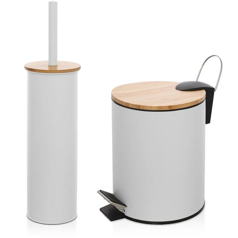 foto del prodotto kit accessori bagno scopino e pattumiera bianco in acciaio e bamb haiti