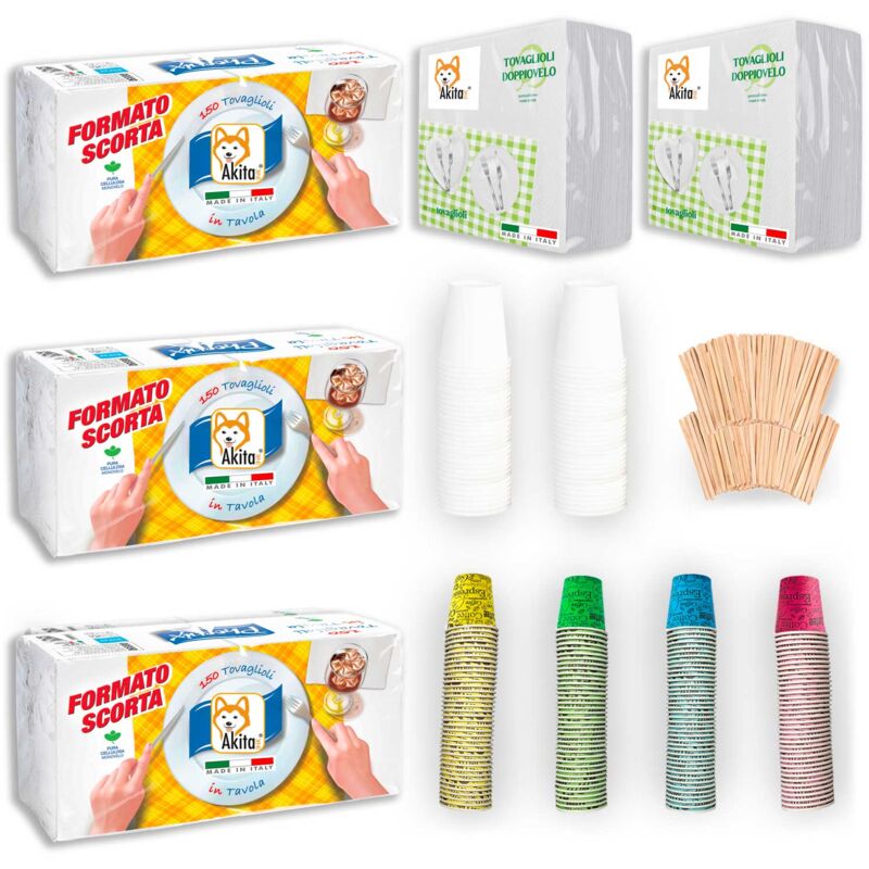 foto del prodotto kit akitaink s 650 tovaglioli 100 bicchieri 200ml 200 bicchierini palette