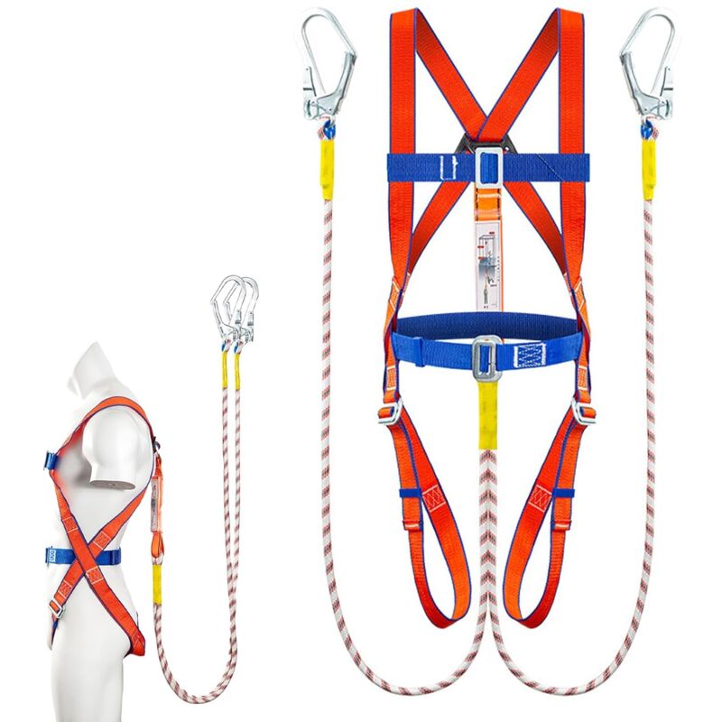 foto del prodotto kit anticaduta con imbracatura, protezione a 5 punti di sicurezza, con 2 punti di collegamento cinghia di sicurezza da 2 m doppio gancio grande,