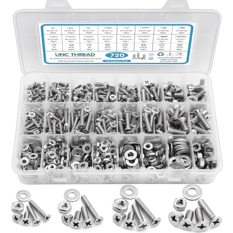 foto del prodotto kit assortimento dadi e bulloni da 720 pezzi, viti a macchina, satantech 6 328 3210 241 4 20, set di viti in acciaio inossidabile, testa piatta
