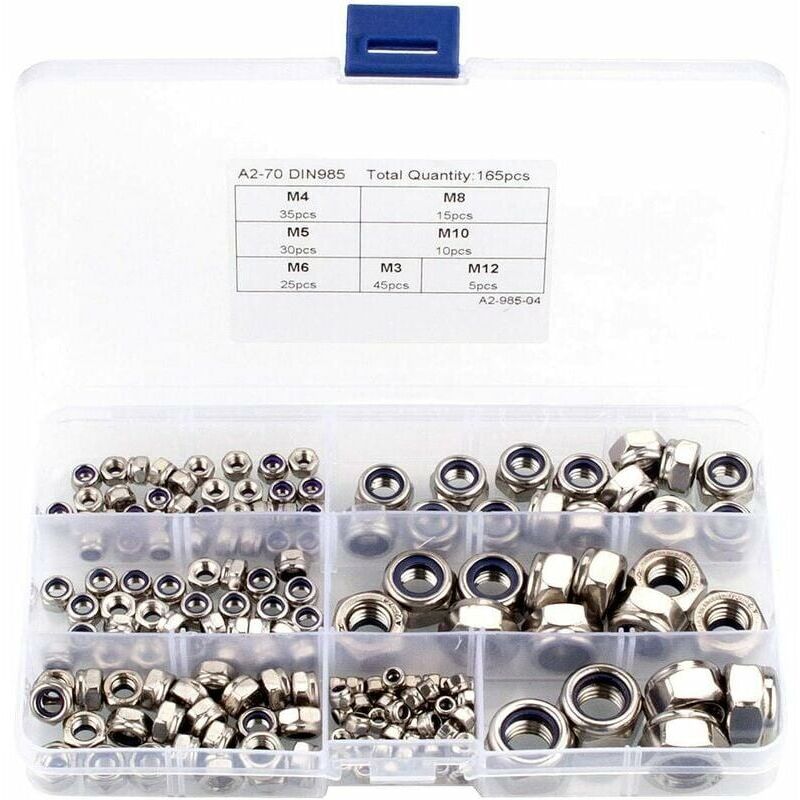 foto del prodotto kit assortimento di dadi di bloccaggio in nylon da 165 pezzi, dadi di bloccaggio esagonali in acciaio inossidabile 304 con custodia in plastica dadi