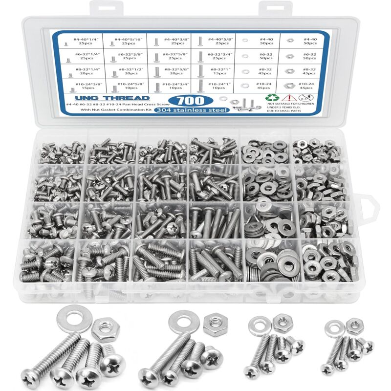 foto del prodotto kit assortimento di dadi e bulloni da 700 pezzi, 4 406 328 3210 24 assortimento di bulloni a testa piatta phillips in acciaio inossidabile, dadi,
