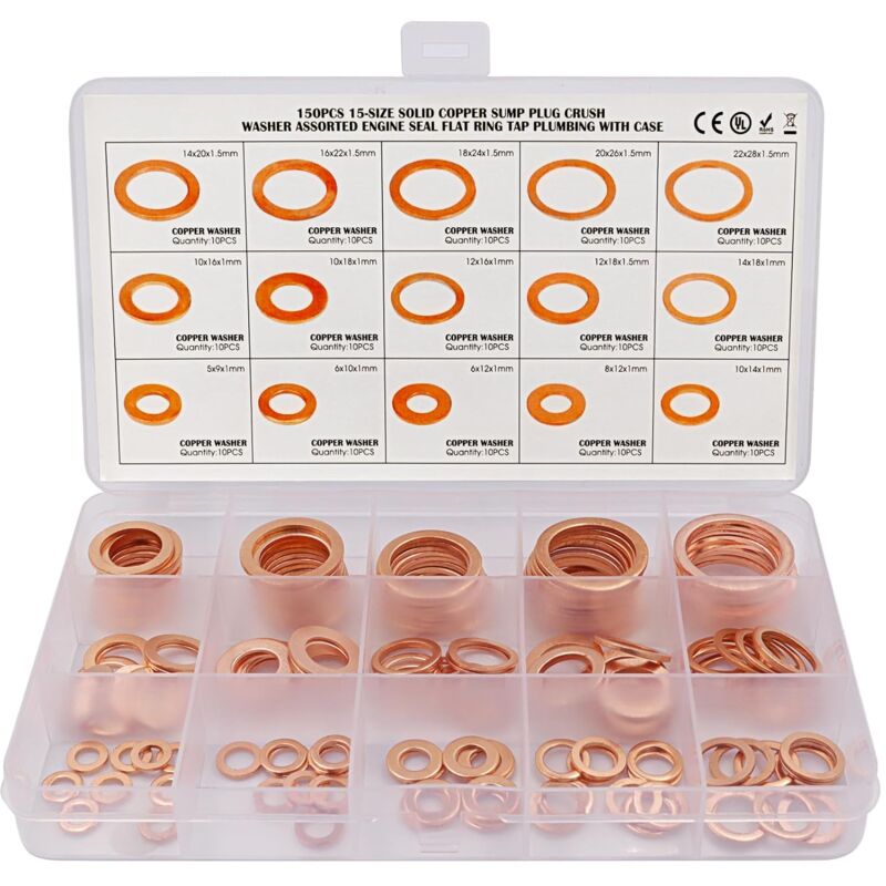foto del prodotto kit assortimento di guarnizioni di scarico e rondelle in rame da 150 pezzi m5, m6, m8, m10, m12, m14, m16, m18, m20, m22, 15 misure, rondelle piatte