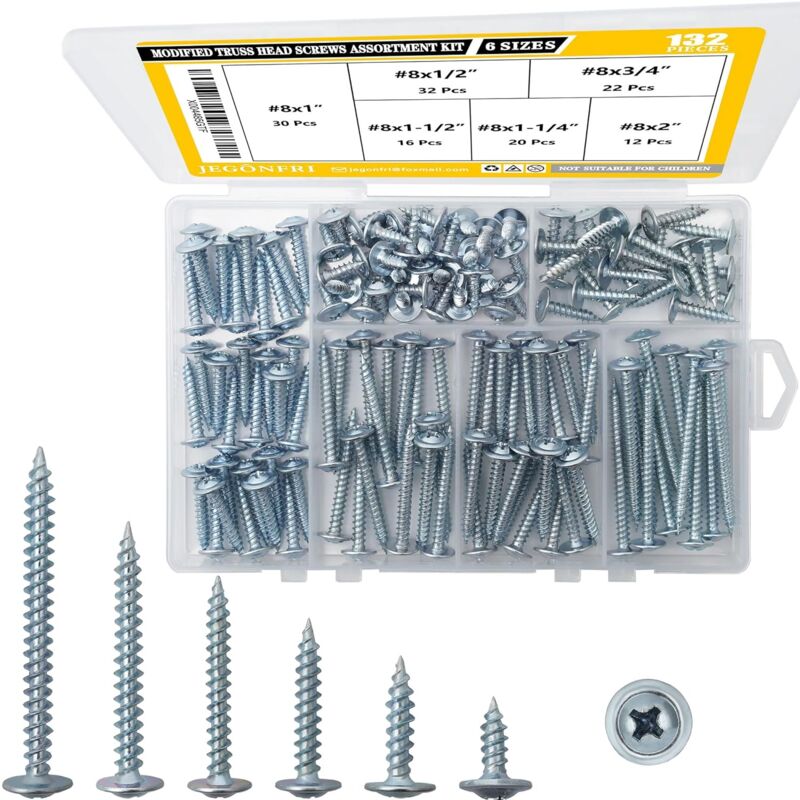 foto del prodotto kit assortimento di viti per legno con testa a traliccio n. 8, 132 pezzi, cacciavite phillips, assortimento di viti per legno, viti, set di viti, 6