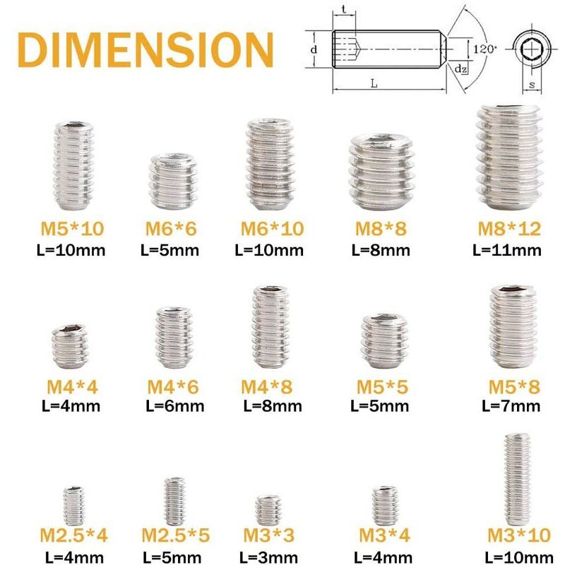 foto del prodotto kit assortimento di viti senza testa esagonali m2.5 m3 m4 m5 m6 m8, viti senza testa esagonali in acciaio inossidabile con attacco esagonale interno