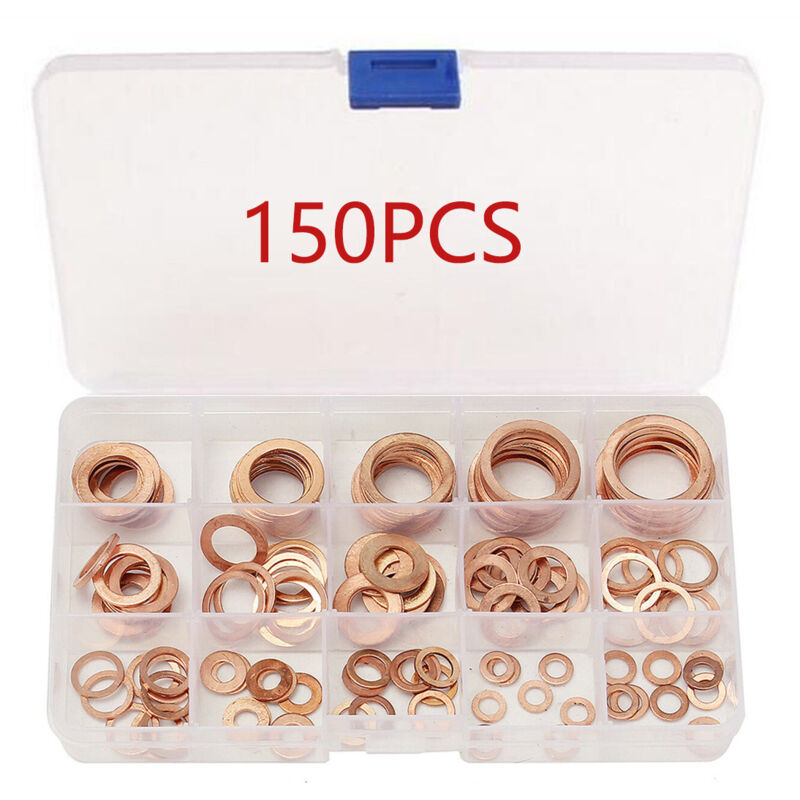foto del prodotto kit assortimento guarnizioni di scarico rondelle in rame da 150 pezzi m5, m6, m8, m10, m12, m14, m16, m18, m20, m22, 15 misure