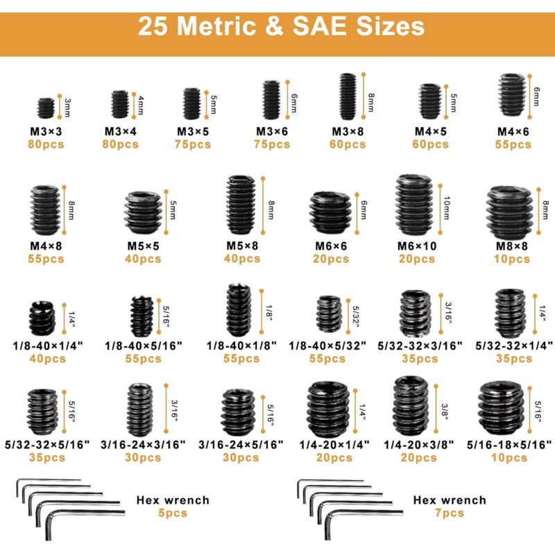 foto del prodotto kit assortimento viti di fermo metriche e sae, 1105 pezzi, 25 dimensioni, chiave esagonale interna, set di viti con punta di taglio in acciaio