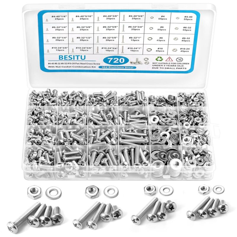 foto del prodotto kit assortimento viti per macchine da 720 pezzi, 10 248 326 324 40 phillips testa piatta assortiti dadi e bulloni e rondelle piatte, assortimento