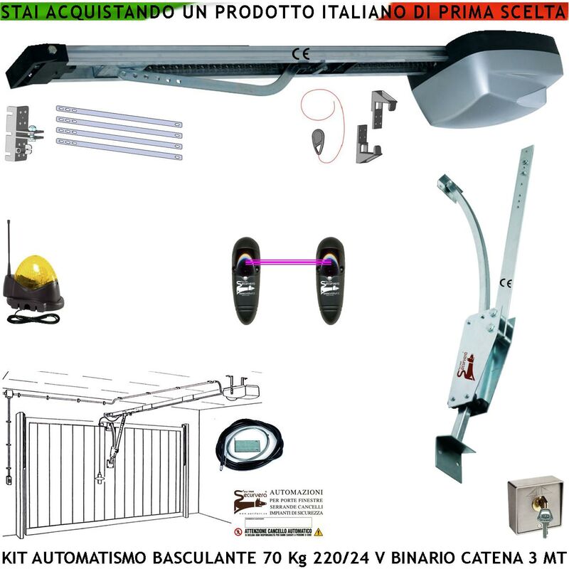 foto del prodotto kit automatismo per porta basculante 70 kg motore 220 24 v da soffitto faro antenna selettore binario alluminio catena acciaio 3 metri cordino per