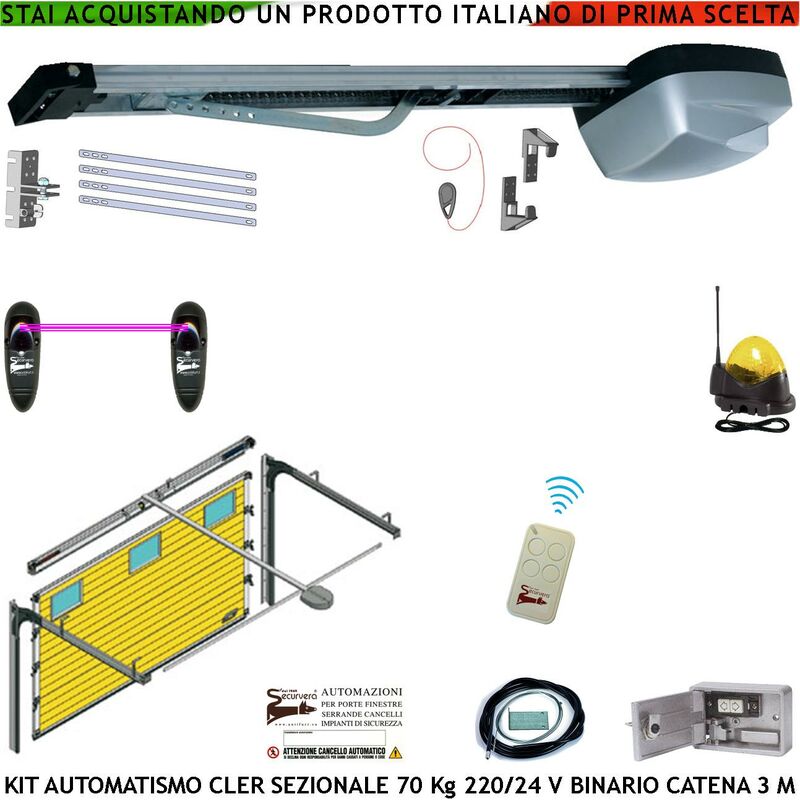 foto del prodotto kit automatismo x porta sezionale 70 kg da soffitto 220 24 v radiocomando fotocellule faro antenna binario alluminio 3 metri catena 5,5 mt sistema