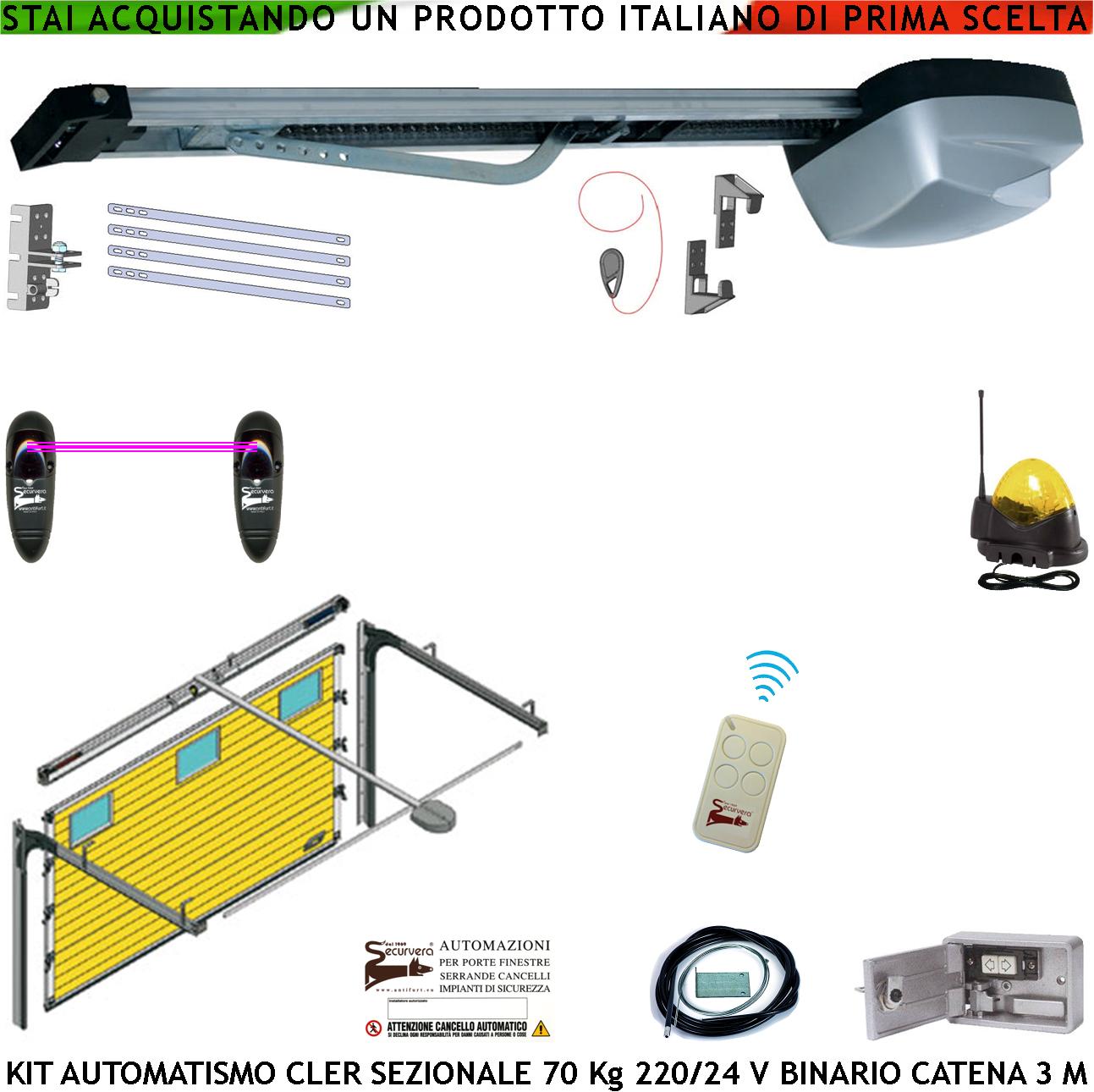 foto del prodotto kit automatismo x porta sezionale 70 kg da soffitto 220/24 v radiocomando fotocellule faro antenna binario alluminio 3 metri catena 5,5 mt sistema autoreverse blindino cordino sblocco luce di cortesia