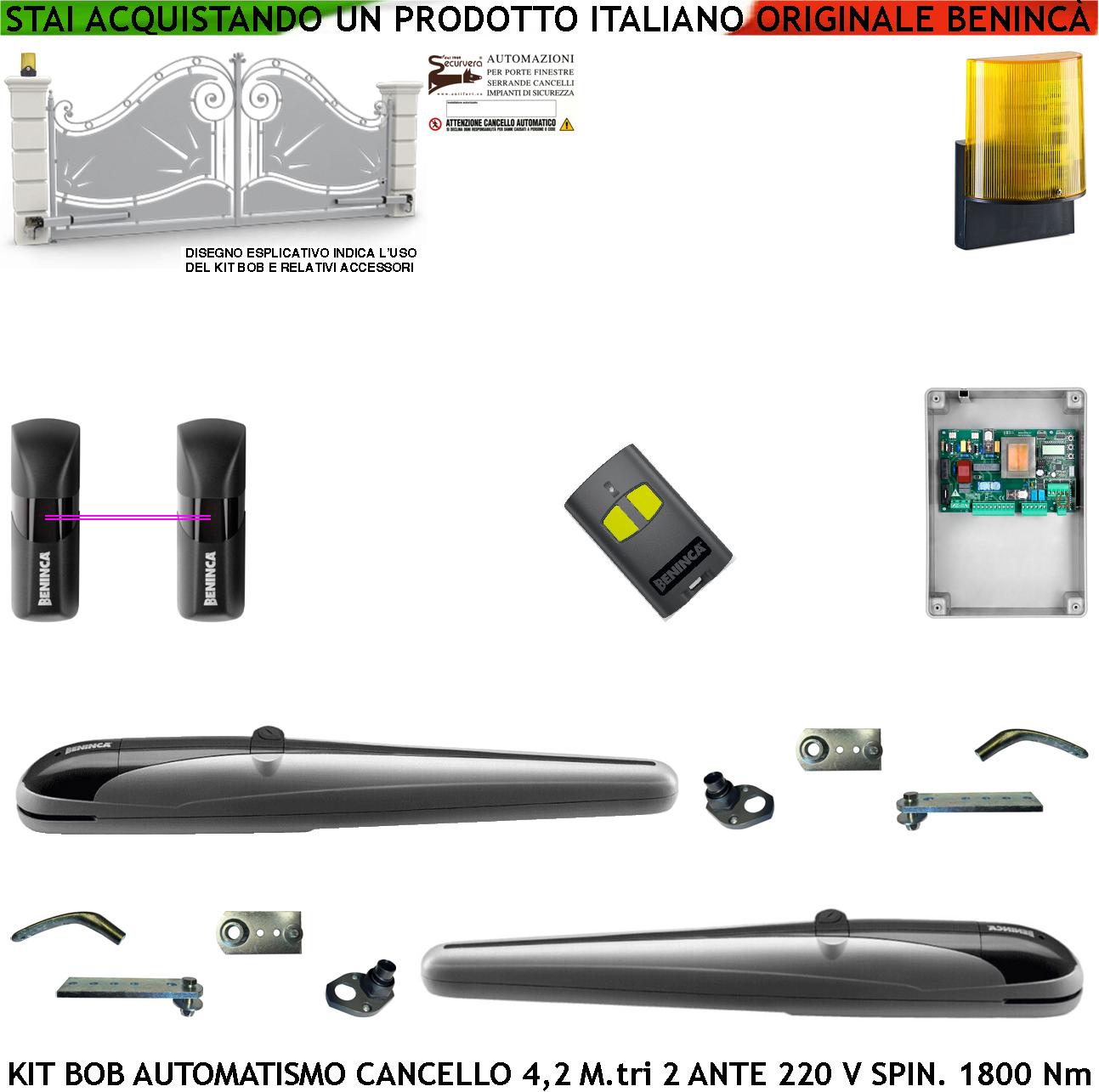 foto del prodotto kit automazione cancello 4,2 metri 2 ante motori bob21m vite rullata 230 v corsa 325 mm spinta 1800 nm sblocco a chive staffe fissaggio radiocomando coppia fotocellule lampeggiatore a led con antenna