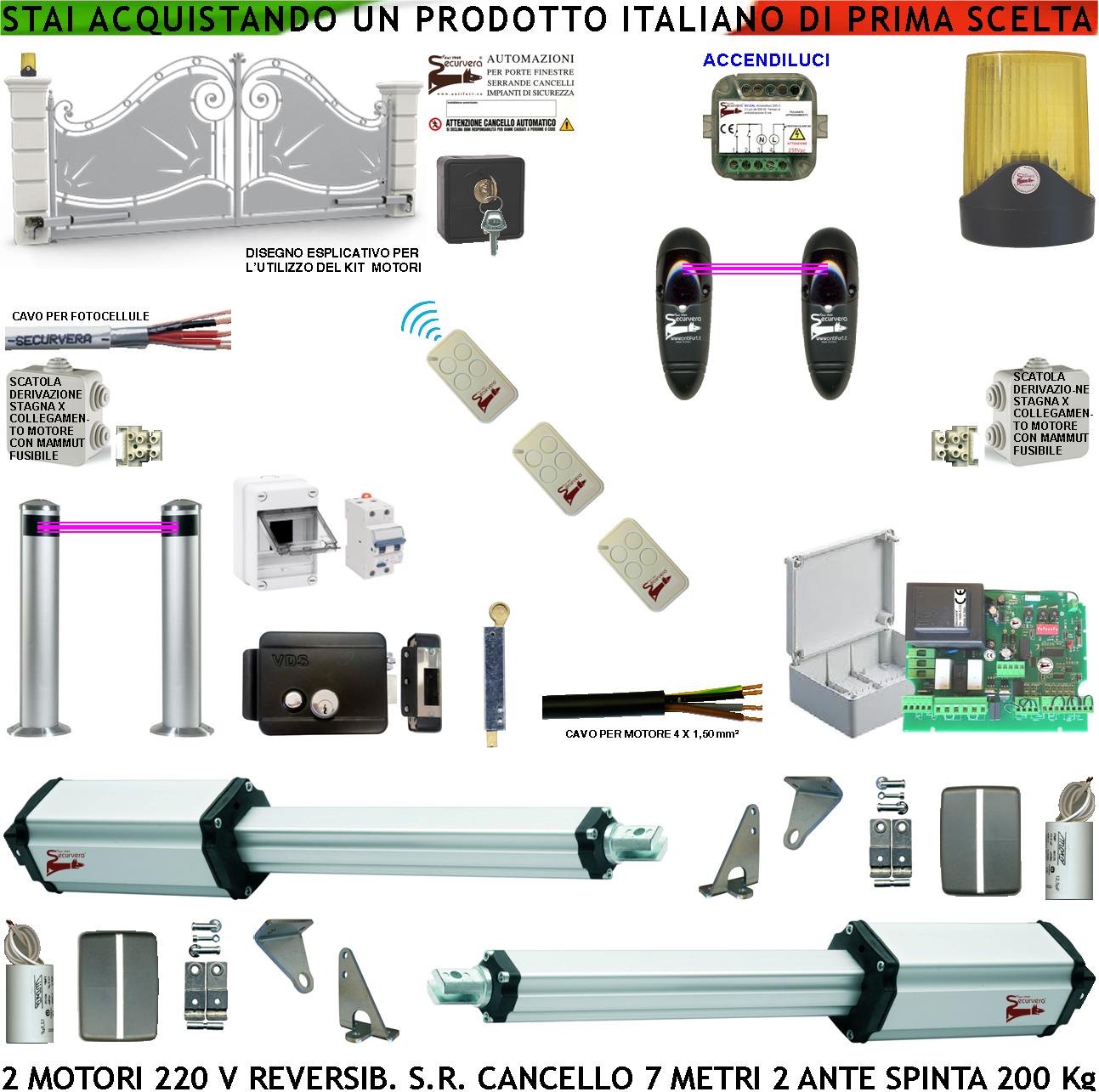 foto del prodotto kit automazione cancello 7 mt 2 ante 3,5 mt motori meccanici reversibili 230 v centrale fotocellule radiocomandi centralino salvavita faro serratura paletto selettore accendiluci scatole fusibili cavi