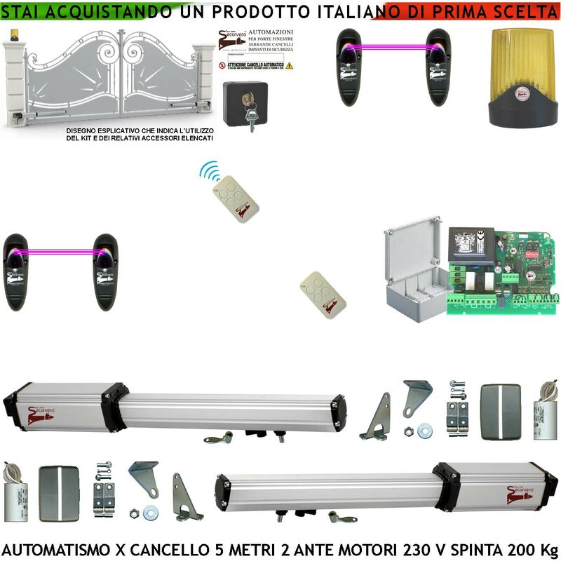 foto del prodotto kit automazione cancello battente 5 metri 2 ante da 2,5 metri 2 motori elettromeccanici 230 v corsa 400 mm spinta 2 q.li centrale con radio 2