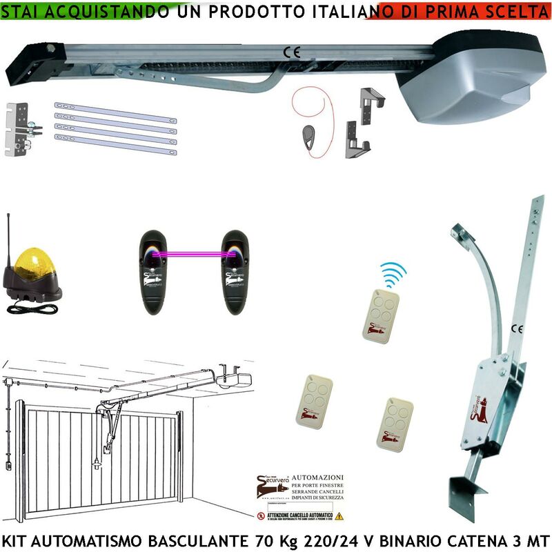 foto del prodotto kit automazione motore 220/24 v da soffitto per cler basculante 70 kg faro antenna 3 radiocomandi fotocellule archetto binario alluminio con catena acciaio 3 metri sblocco sul pattino luce di cortesia
